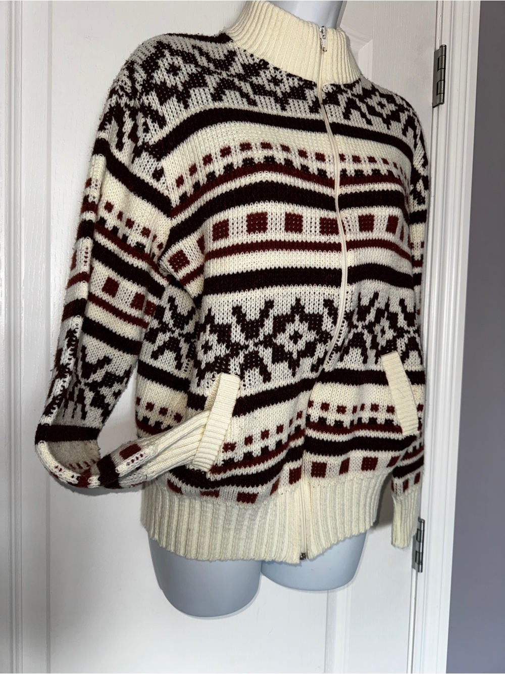 Vintage Sigma Nordic Fair Isle Zip Knit Cardigan Sweater Mock Neck